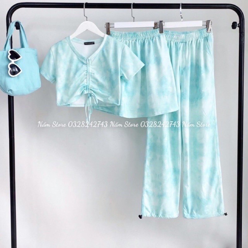 Set áo croptop rút dây + quần dài jogger loang màu ốmg rộng dây rút có cã set áo váy