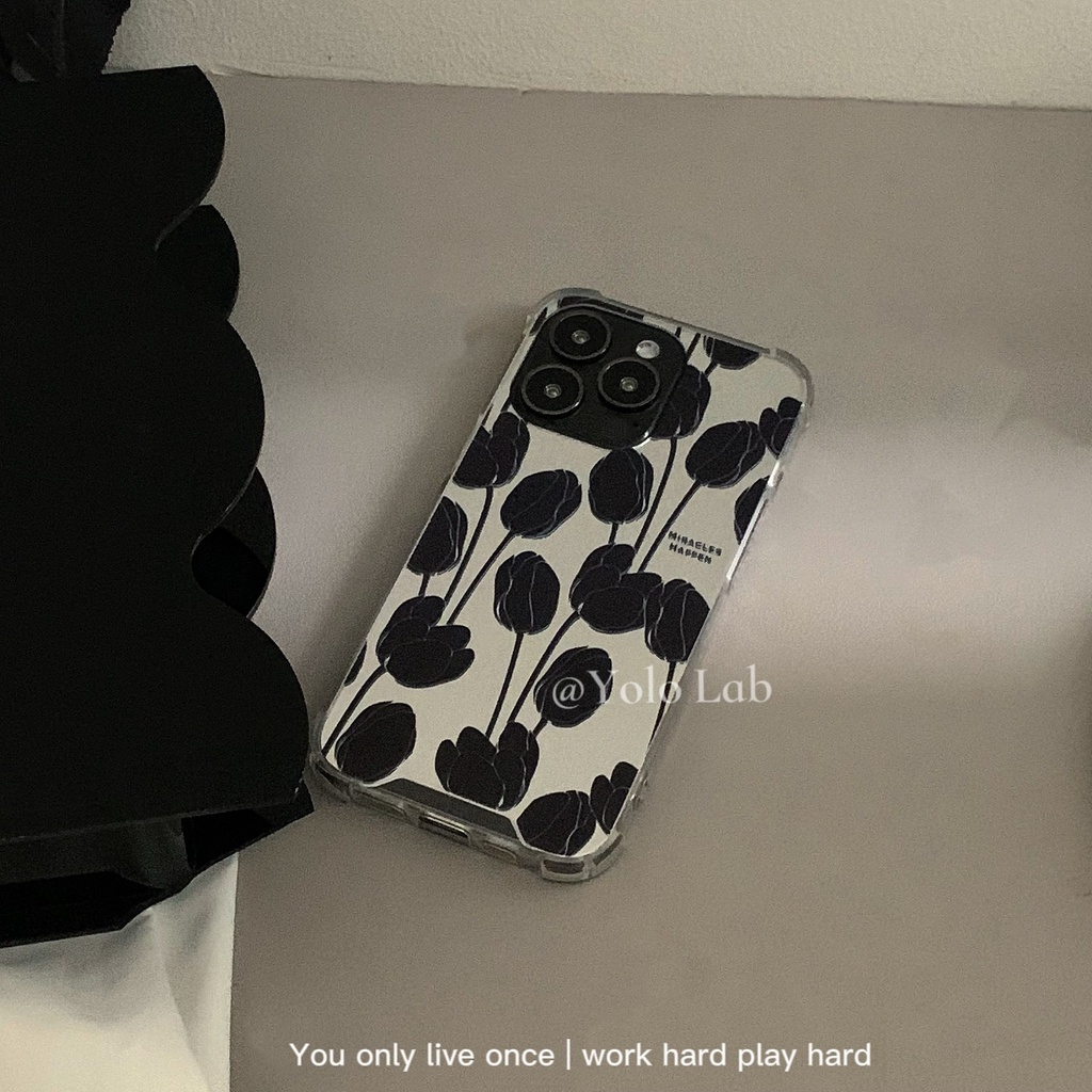 Ốp điện thoại mềm tráng gương họa tiết hoa tulip màu tối dành cho iPhone 11 12 13 Promax x xr
