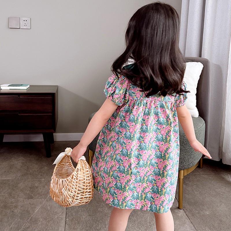 Đầm tay phồng cổ búp bê dáng rộng in họa tiết dễ thương thời trang mùa hè phong cách hàn quốc dành cho bé gái