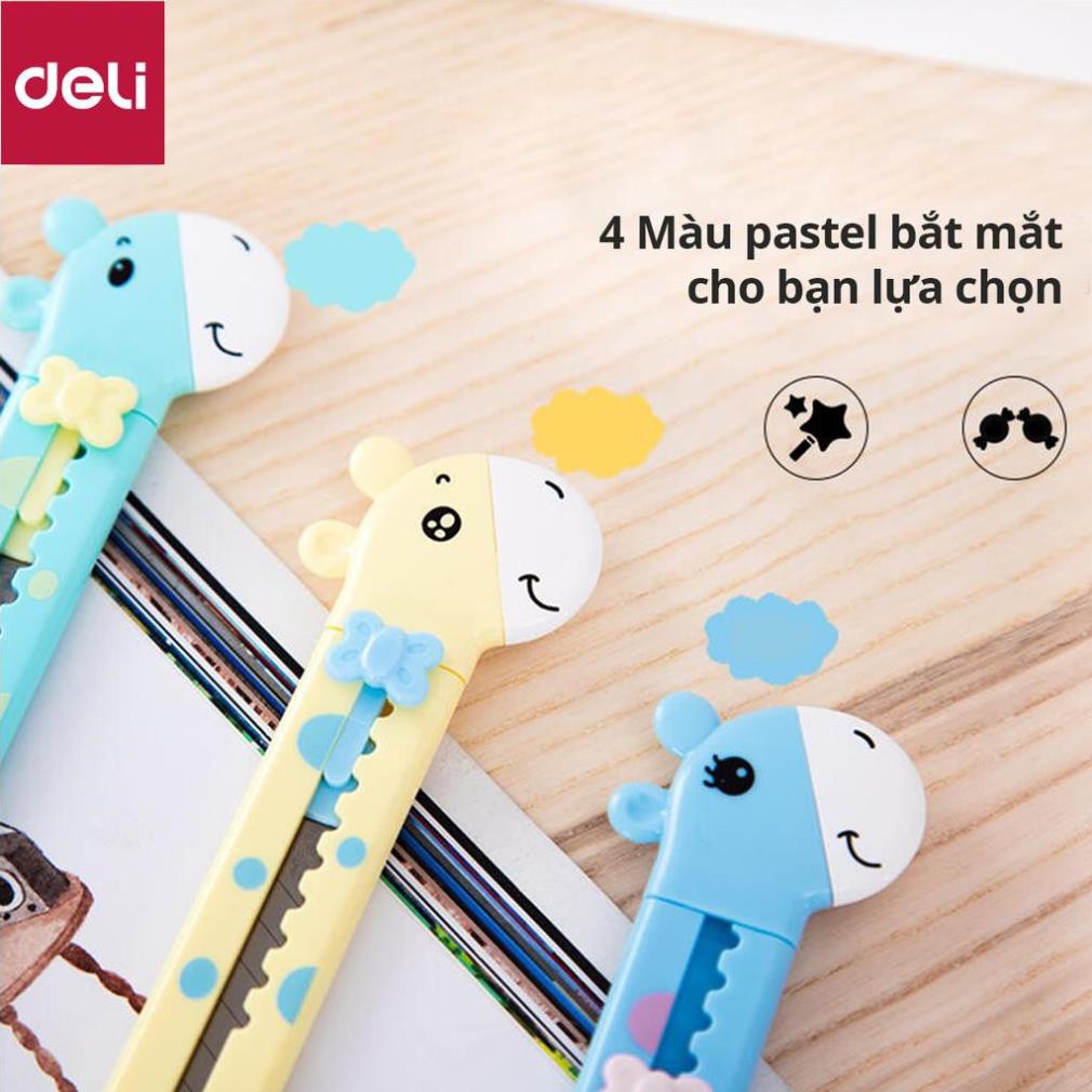 Dao rọc giấy mini 55mm hình hoạt hình dễ thương Deli - 3 màu Xanh lá/ Vàng/ Xanh dương - 2022 [Deli]