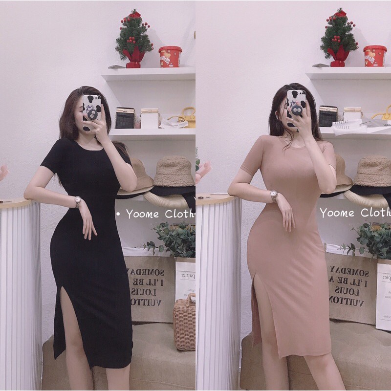 Váy body xẻ đùi cổ tròn tay cộc chất cottonzip co giãn đa chiều cho nữ Yoomeclothing