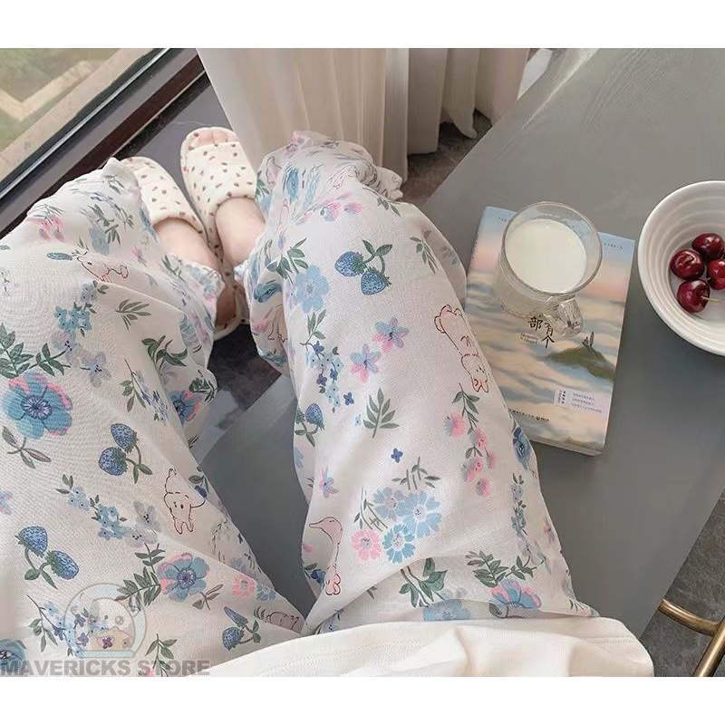 Quần Pijama Ống Rộng Họa Tiết Hoa Thoải Mái Thoáng Khí Cho Nữ