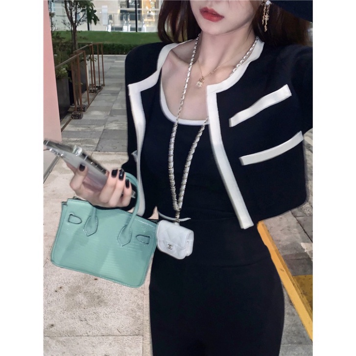 Áo Khoác Cardigan Dệt Kim Croptop LUHAZO Set Tay Dài Màu Trơn Thời Trang Hàn Quốc Cho Nữ B-9