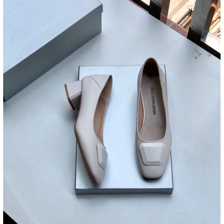 Giày búp bê mũi vuông gót cao 3cm thương hiệu Ecco da thật cao cấp màu đơn giản dễ phối đồ