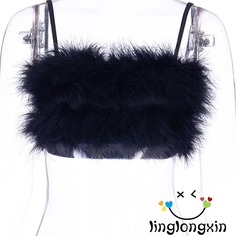 ✩Kx❤Áo Croptop Sát Nách Phối Lông Màu Trơn Thời Trang Xuân Hè Quyến Rũ Dành Cho Nữ