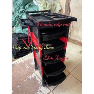 Xe đẩy làm tóc 5 tầng✨FREESHIP✨ xe đẩy salon màu đỏ đen, 5 hộc để đồ, nhựa cao cấp dễ lau chùi có bánh xe đi chuyển được
