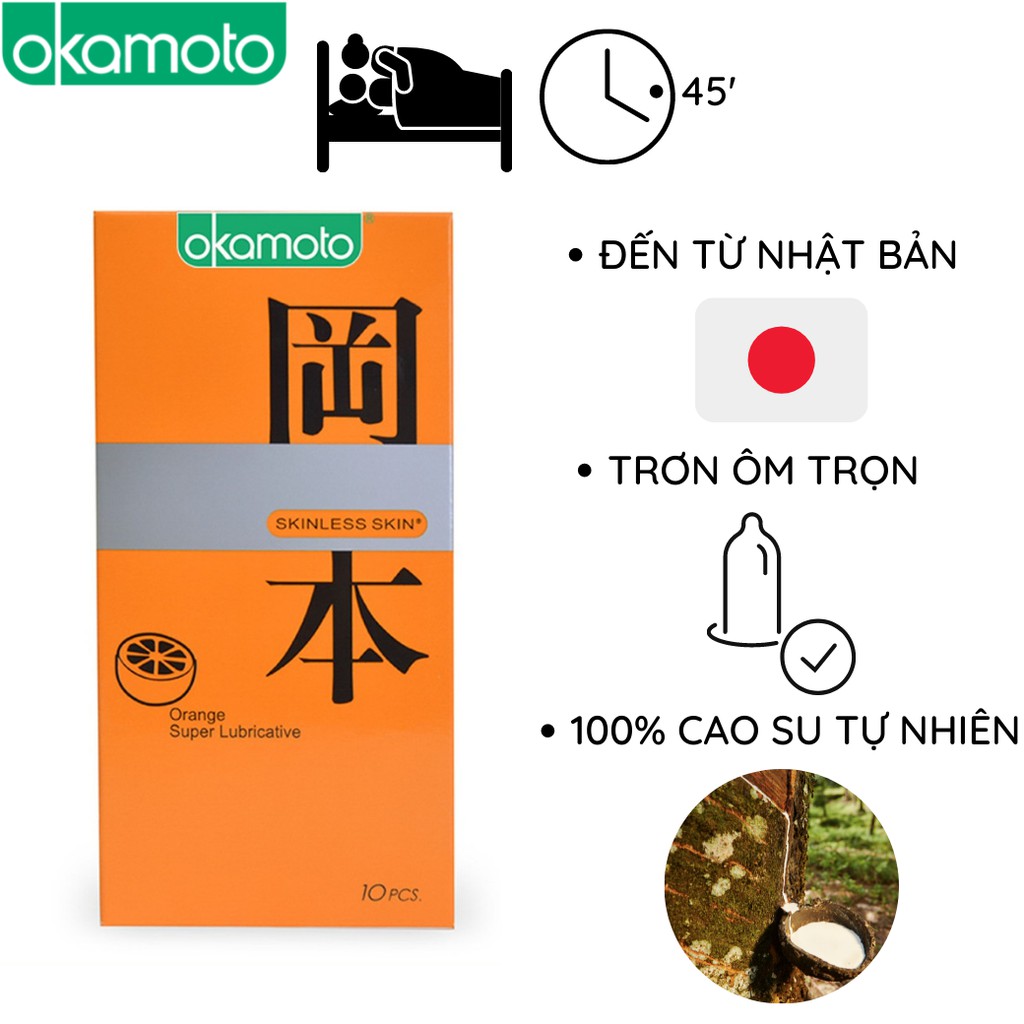 Bao cao su OKAMOTO Hương Cam Skinless skin 10 bao/hộp trơn siêu mỏng chống tuột cao su tự nhiên Nhật Bản
