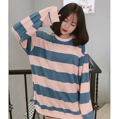 Áo Nỉ Sweater Nam Nữ Unisex Kẻ Hồng Xanh Dài Tay