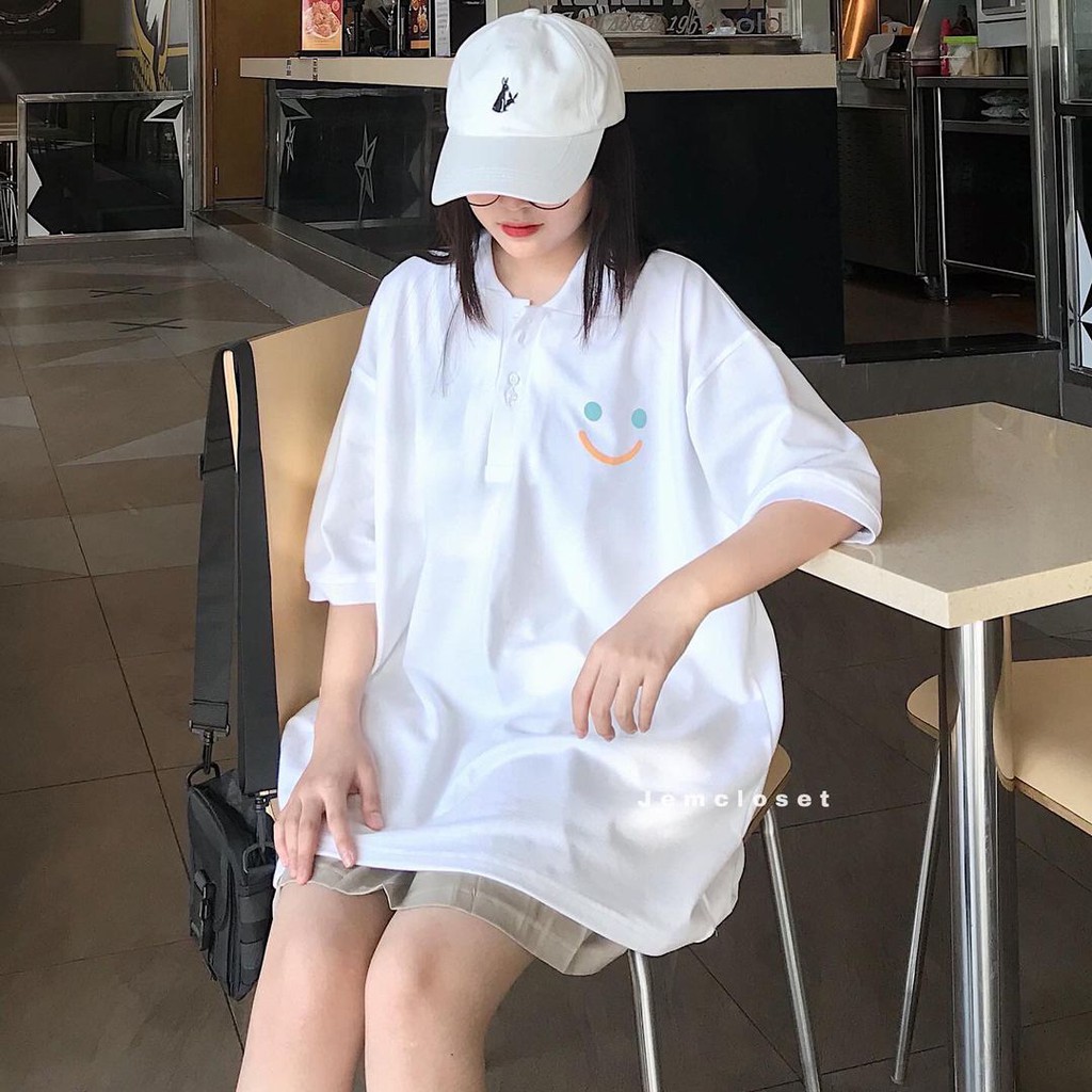 Áo Polo Nữ Tay Lỡ JEM CLOSET Thiết Kế Basic In Họa Tiết Mặt Cười Áo Thun Nữ Form Rộng APP 2 Màu Đen Trắng Siêu Cute10039