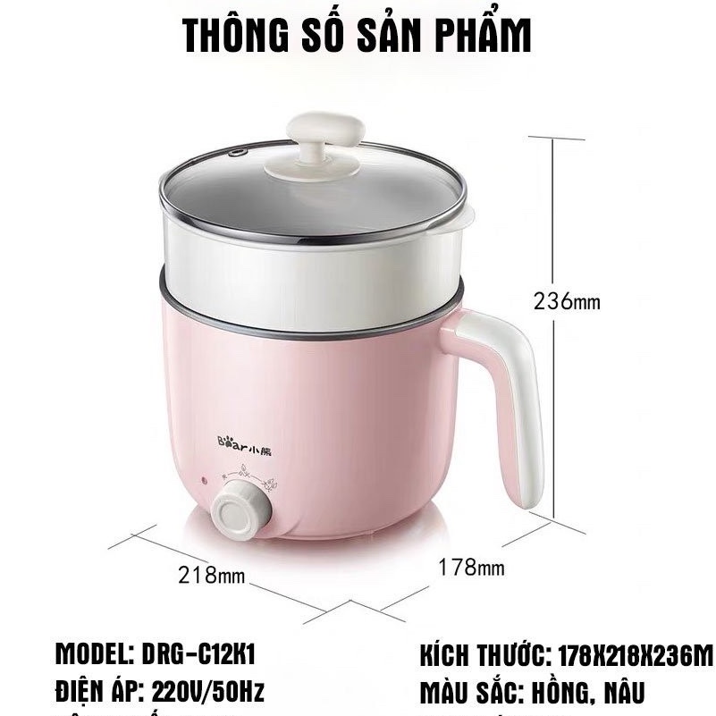 Nồi điện đa năng BEAR 2 tầng dùng để hấp, hầm cháo, nấu mỳ, chiên rán - Nồi lẩu điện mini - Công suất 600W