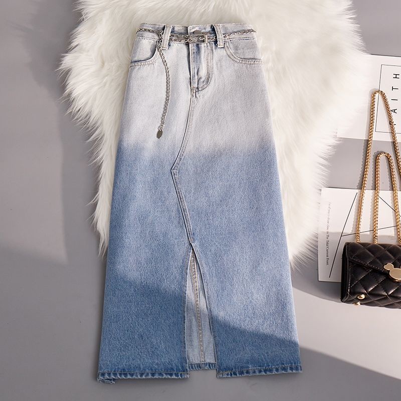 Jiashucheng Chân Váy Denim Dài Vừa Màu Xanh Dương Nhạt Gradient Mỏng Xẻ Tà Phía Trước Phong Cách Mùa Hè Cho