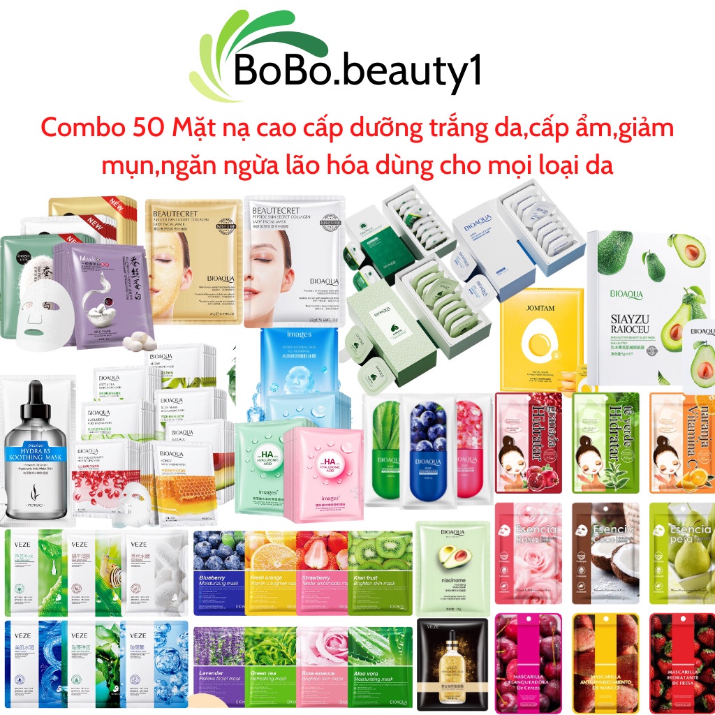 Combo 50  mặt nạ giấy dưỡng trắng da cấp ẩm nước se khít lô chân lông da dầu giảm mụn