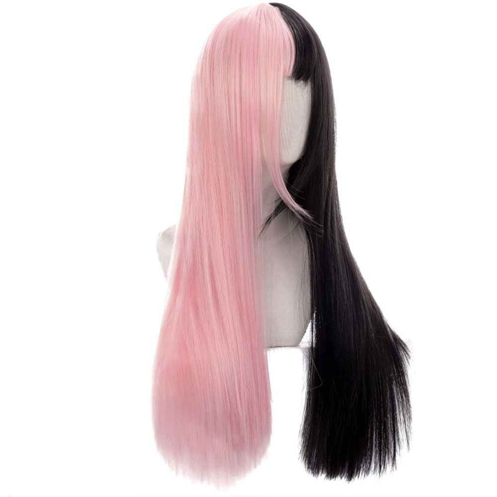 ❤LANSEL❤ Women Female Black&pink Wig Synthetic Bangs Lolita Double Color Toupee Long Thick Hair Extension Harajuku Goth Style Hair Cosplay Long Straight Hair