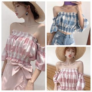Áo Croptop Trễ Vai Tay Ngắn Hoạ Tiết Ca Rô Cho Phái Nữ