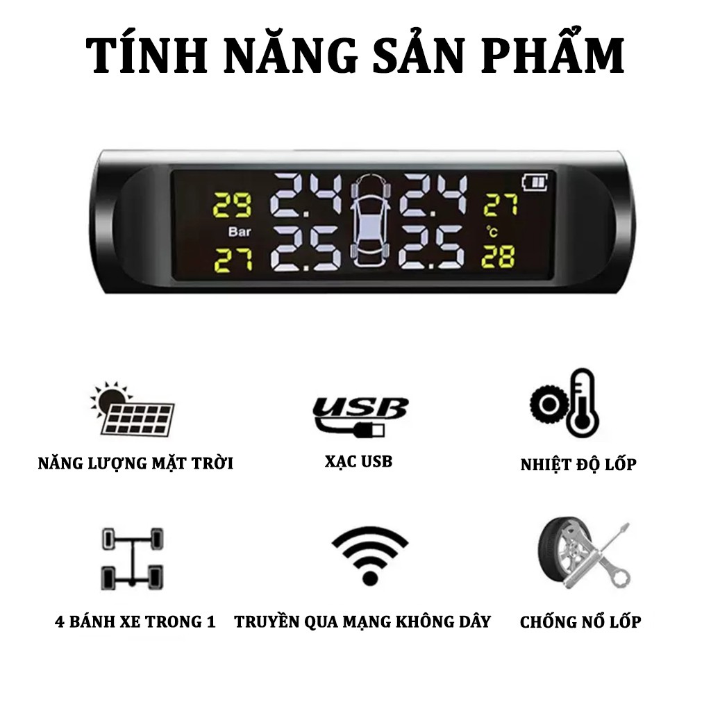 Cảm Biến Áp Suất Lốp Ô Tô TPMS Cao Cấp Thế Hệ Mới – Sử Dụng Năng Lượng Mặt Trời - Không Dây - Chống Nước – Màn Hình LCD