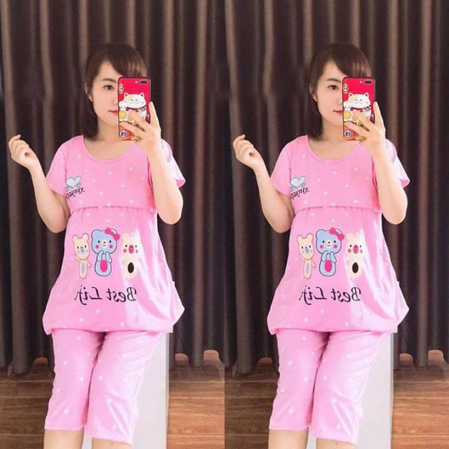 Bộ bầu lửng và sau sinh cotton. Mẫu lật vạt thuận tiện cho bé ti
