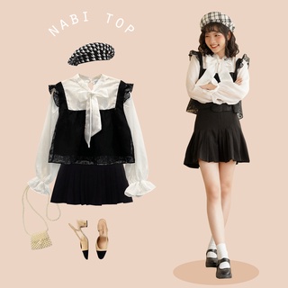 Bleubird áo voan organza hoa phối tơ nhũ buộc nơ nabi top