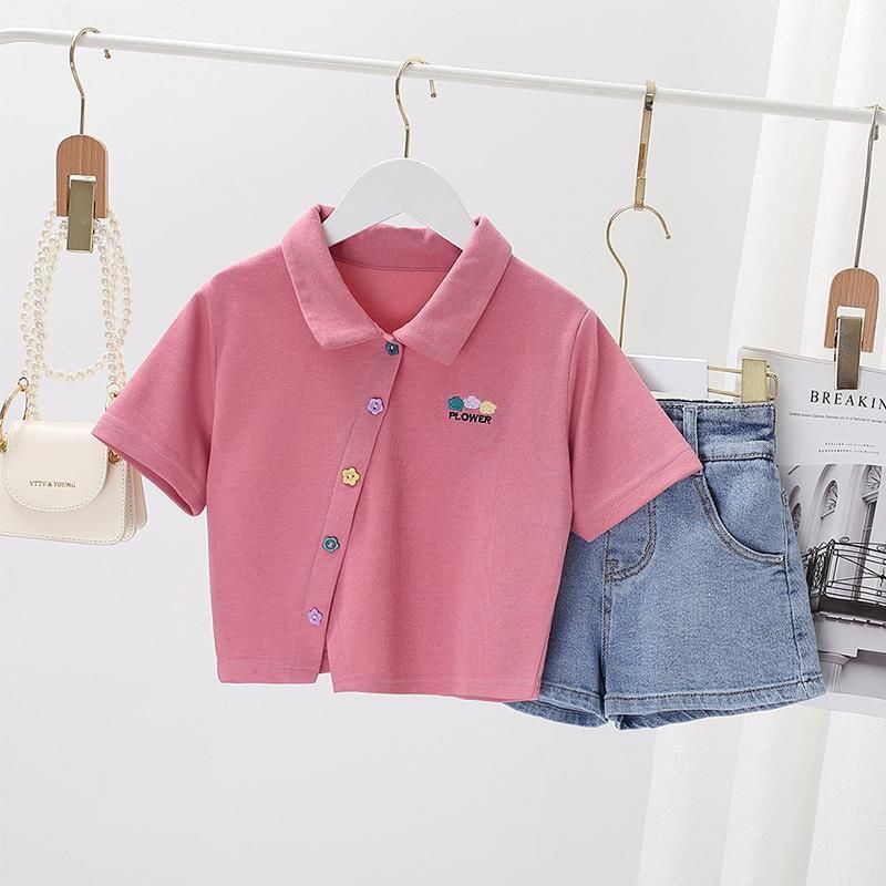 Set Áo polo Tay Ngắn + Quần Short Denim Thời Trang Hè Hàn Quốc Mới 2023 Cho Bé Gái