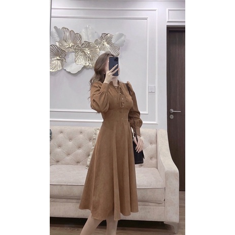 ⚡️BÁN SỈ⚡️Đầm nhung nâu cổ tàu tay bồng | BigBuy360 - bigbuy360.vn
