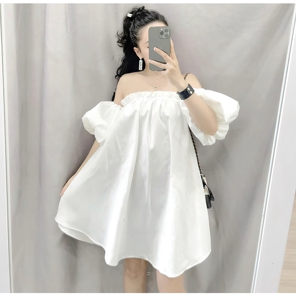Áo trễ vai nữ tay bồng cúp ngực form rộng oversize ngắn tay ba màu