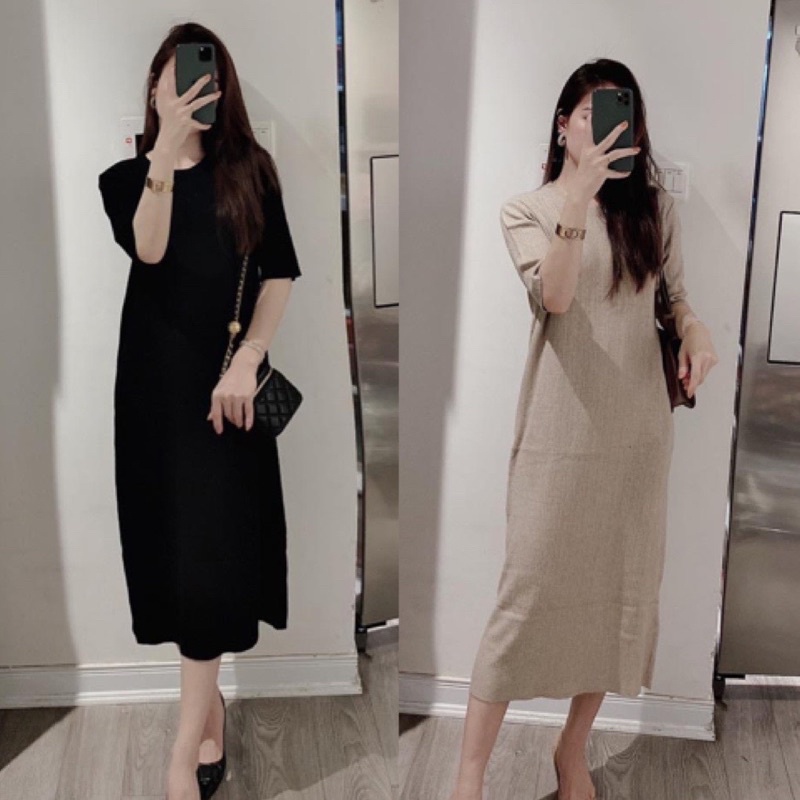 váy len suông gân sọc màu đen be