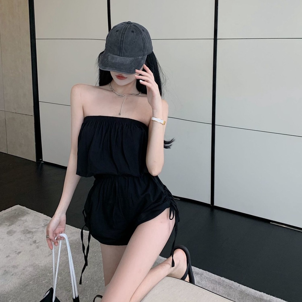 Áo liền quần trễ vai màu trơn có dây rút quyến rũ thời trang cho nữ size S-2XL