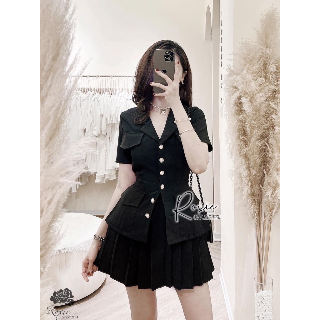 Set Vest nữ kèm chân váy xếp ly xòe cài cúc chất cực đẹp, Vest nữ công sở sang chảnh mặc đi làm, đi dự tiệc, đám cưới