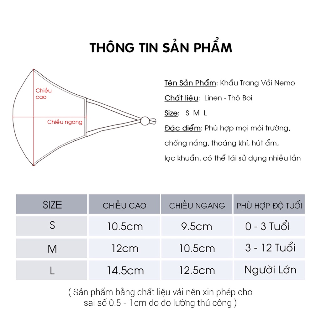 Khẩu Trang Vải 3D NEMO Full Linen Cao Cấp, Kiểu Dáng Thời Trang, Lọc Bụi, Chống Nắng, Kháng Khuẩn - KTLSM