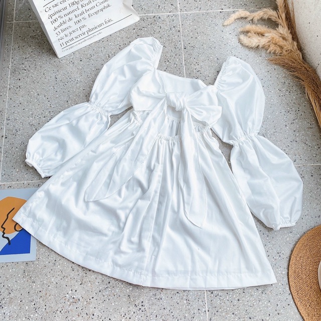 ĐẦM TRẮNG CỔ VUÔNG TAY BO CHUN NƠ LƯNG | BigBuy360 - bigbuy360.vn