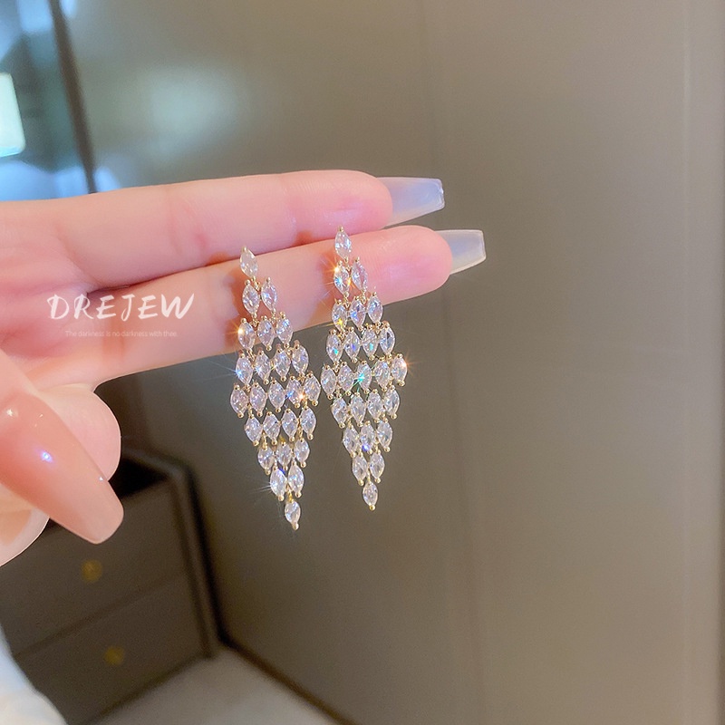 DREJEW Bông Tai Mạ Bạc Đính Đá Zircon Tua Rua Phong Cách Âu Mỹ Cao Cấp 1