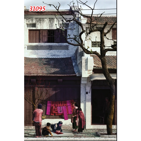 Tranh dán tường phong cách phong cách Hà Nội xưa bản trang trí Cửa Hàng 3D tặng keo và dụng cụ dán