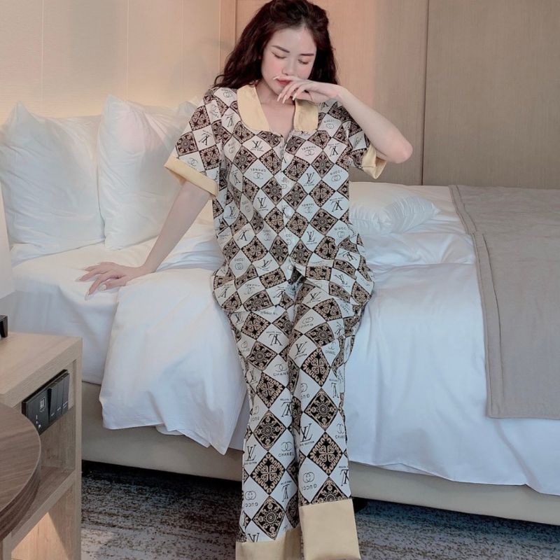 Đồ bộ pijama mặc nhà, bộ lụa cao cấp tay ngắn quần dài hoạ tiết sang chảnh, dễ thương