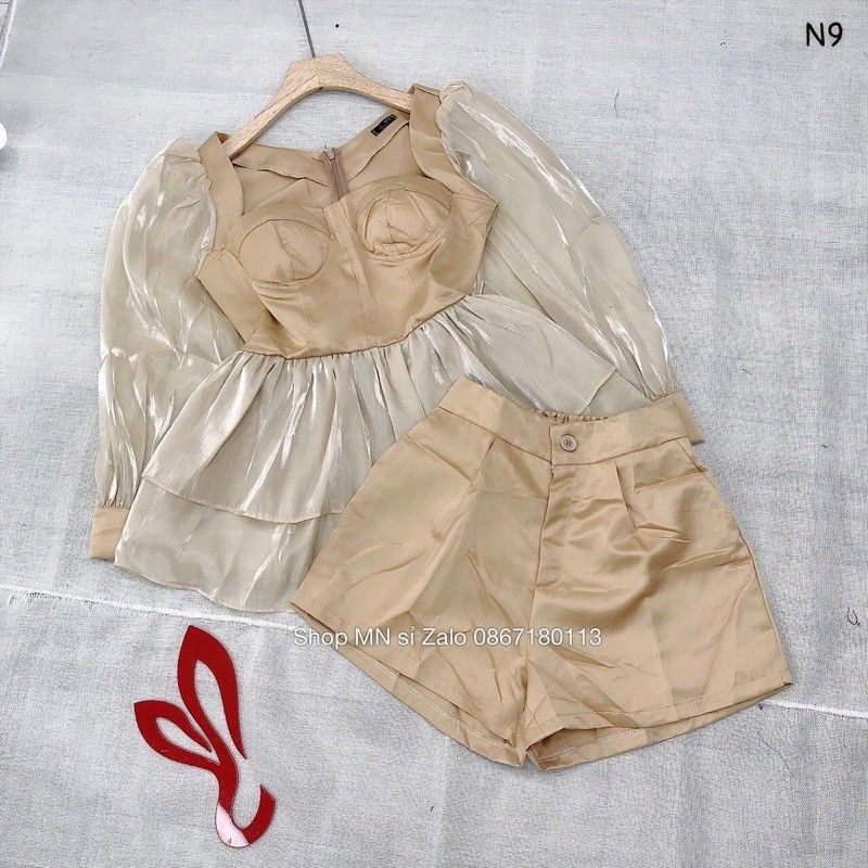 💫SET ÁO PEPLUM PHỐI TƠ GÂN NHŨ KÈM QUẦN SHORT LƯNG CAO💫