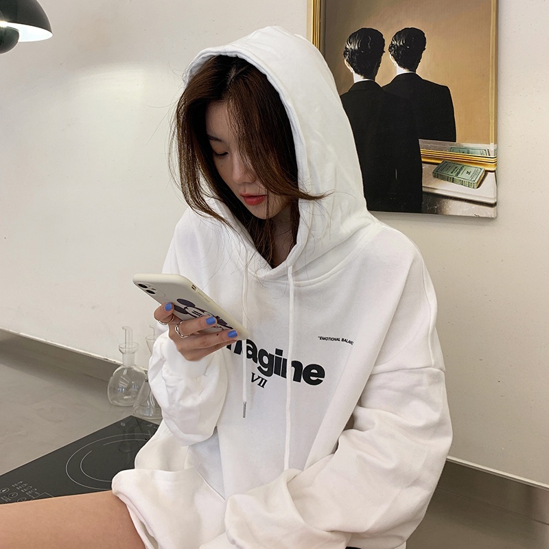 SUXI Áo hoodie dáng rộng in chữ thiết kế mới thời trang mùa thu theo phong cách hàn quốc dành cho nữ