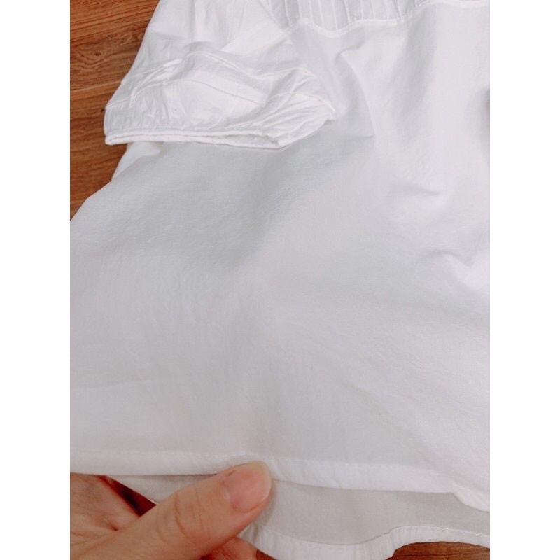 Áo babydoll nữ cộc tay cổ bèo xếp ly ngực - Áo sơ mi nữ tay bồng tiểu thư be trắng