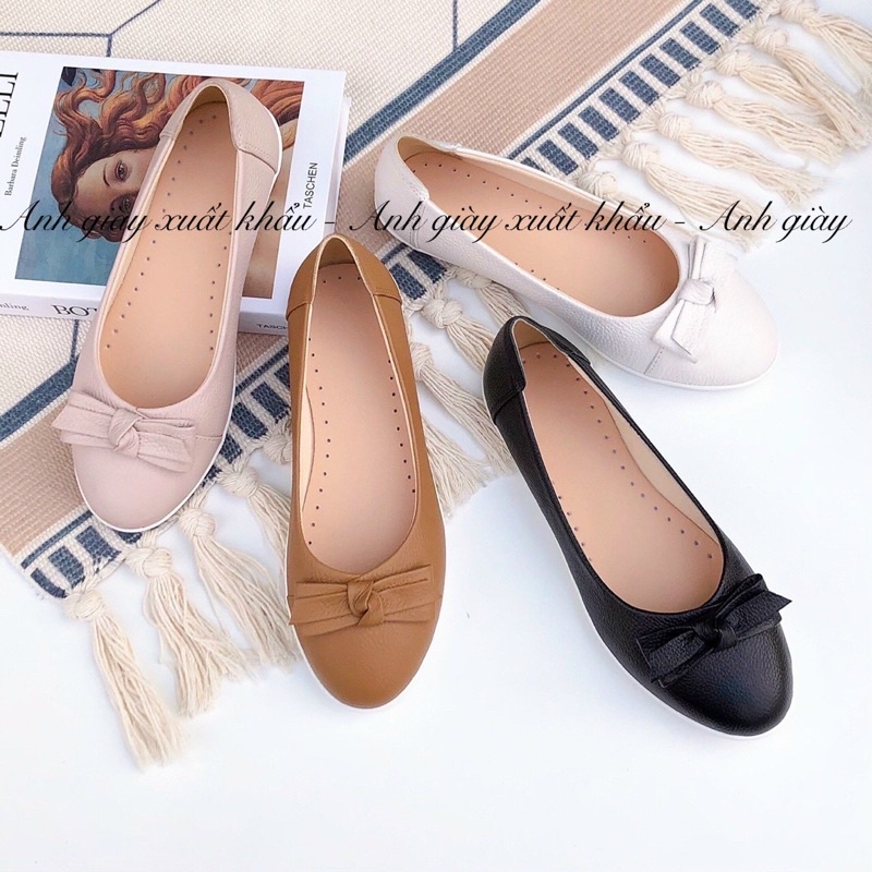 GB11 - Giày bệt da bò mũi tròn nơ ngang chất da siêu mềm nhẹ êm 3 màu đen , trắng , bò  hàng VNXK