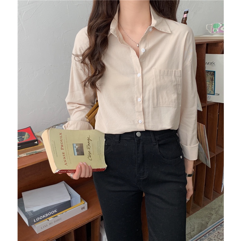 Áo sơ mi trơn nữ Dài tay Form rộng Ulzzang Hàn Quốc Sơ mi nữ công sở Đi học Tay dài Thời trang