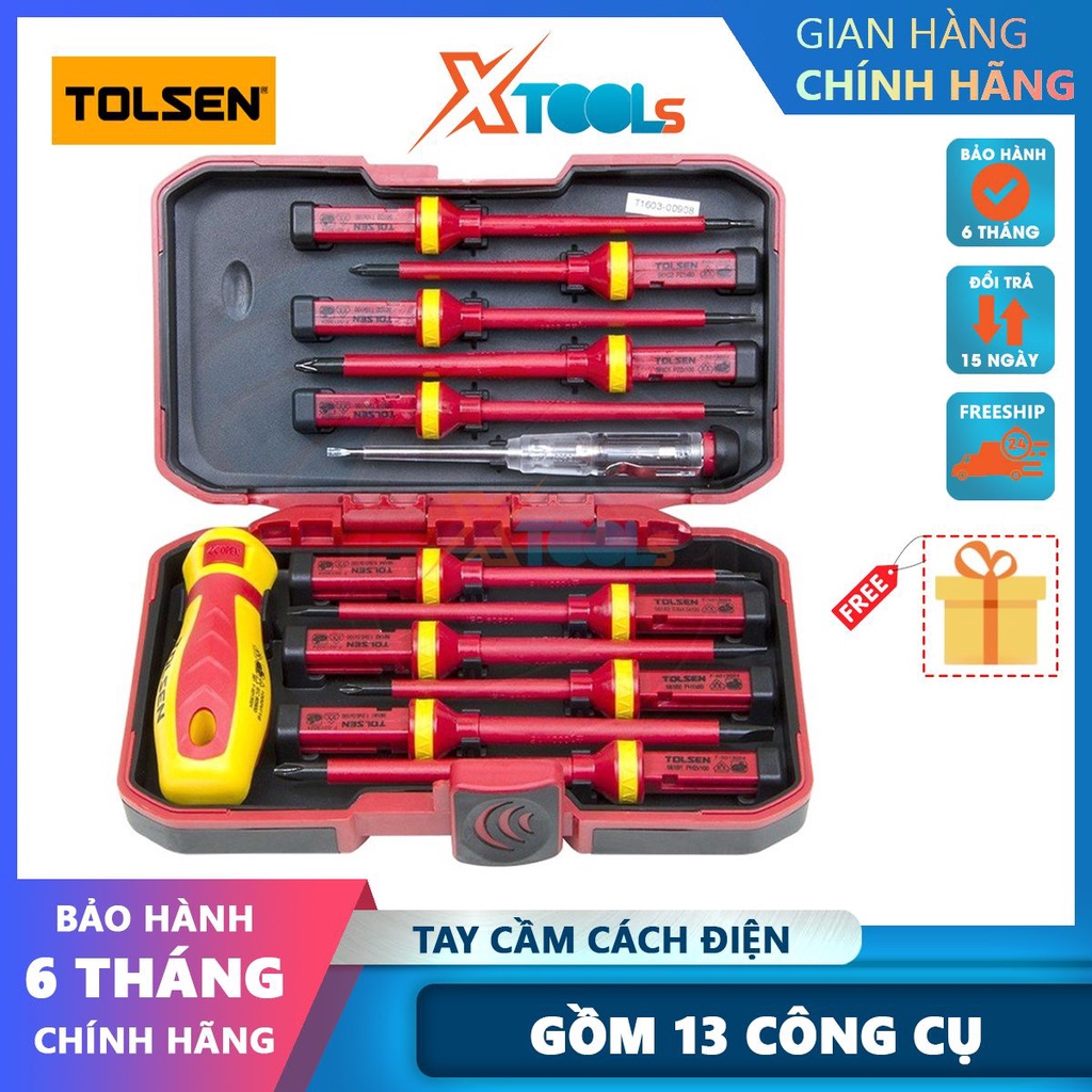 Bộ tua vít 13 chi tiết cách điện Tolsen 38016, chất liệu tua vít dùng thép cứng bọc nhựa cách điện [CHÍNH HÃNG][XTOOLS]