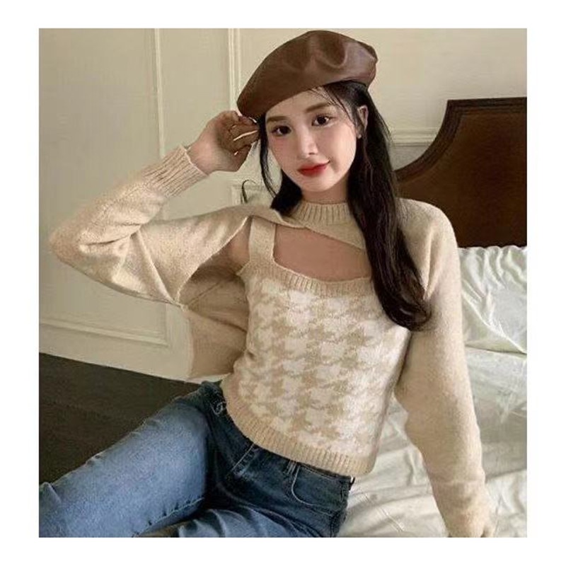 SUXI Set áo tay dài và áo hai dây họa tiết caro phong cách Hàn Quốc mới cho nữ