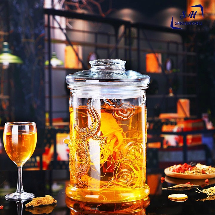 Bình ngâm rượu thủy tinh hình trụ hoa văn hình rồng MS6L có van hoặc không van