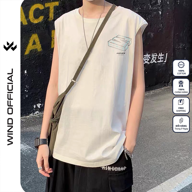 Áo ba lỗ 100% cotton unisex WIND form rộng sát nách 3D tanktop thời trang nam nữ oversize