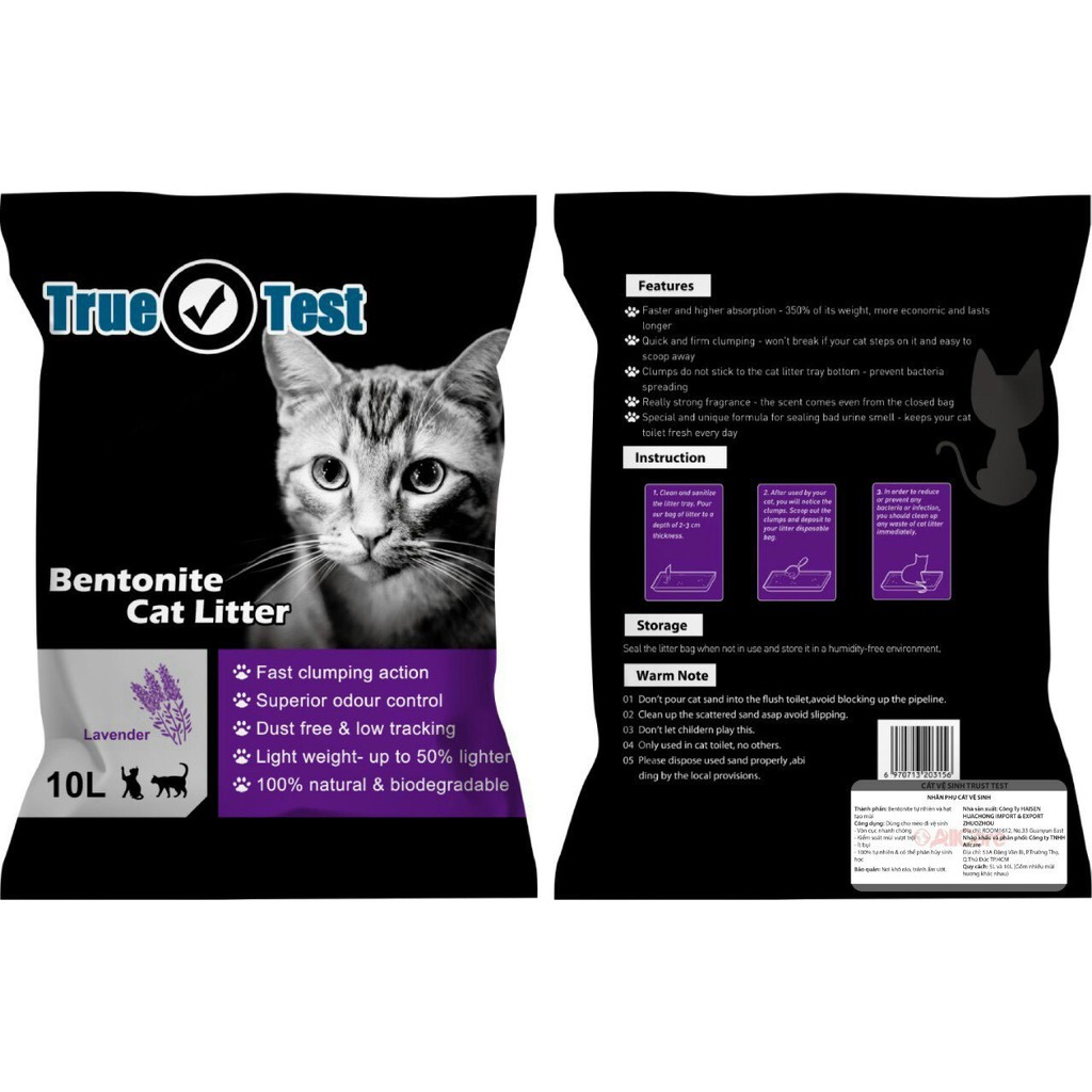 Cát vệ sinh cho mèo TRUE TEST Bentonite Cat Litter Túi 10L Siêu khử mùi Siêu vón cục Thương hiệu Haisen