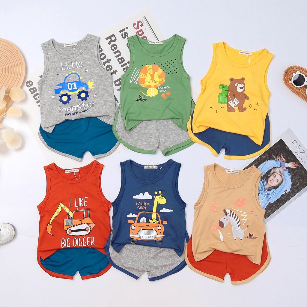 Bộ Ba Lỗ Sát Nách Mùa Hè Cho Bé Trai 1-3 tuổi, Họa Tiết  Xe Ô tô, Động Vật, Chất Thun lạnh mịn mát T009_Umeekids