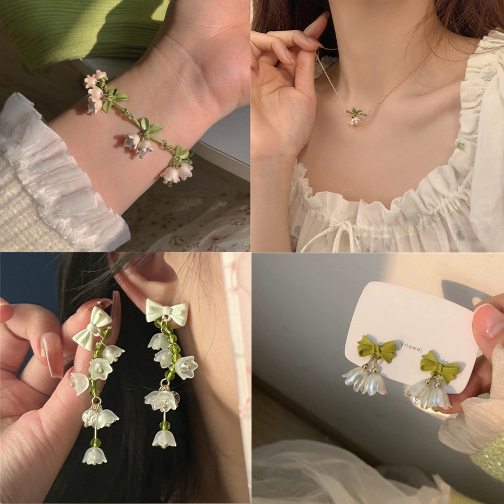 Bộ Dây Chuyền Và Khuyên Tai Đính Hạt Ngọc Trai Trắng Phối Hoa Xinh Xắn Cho Nữ