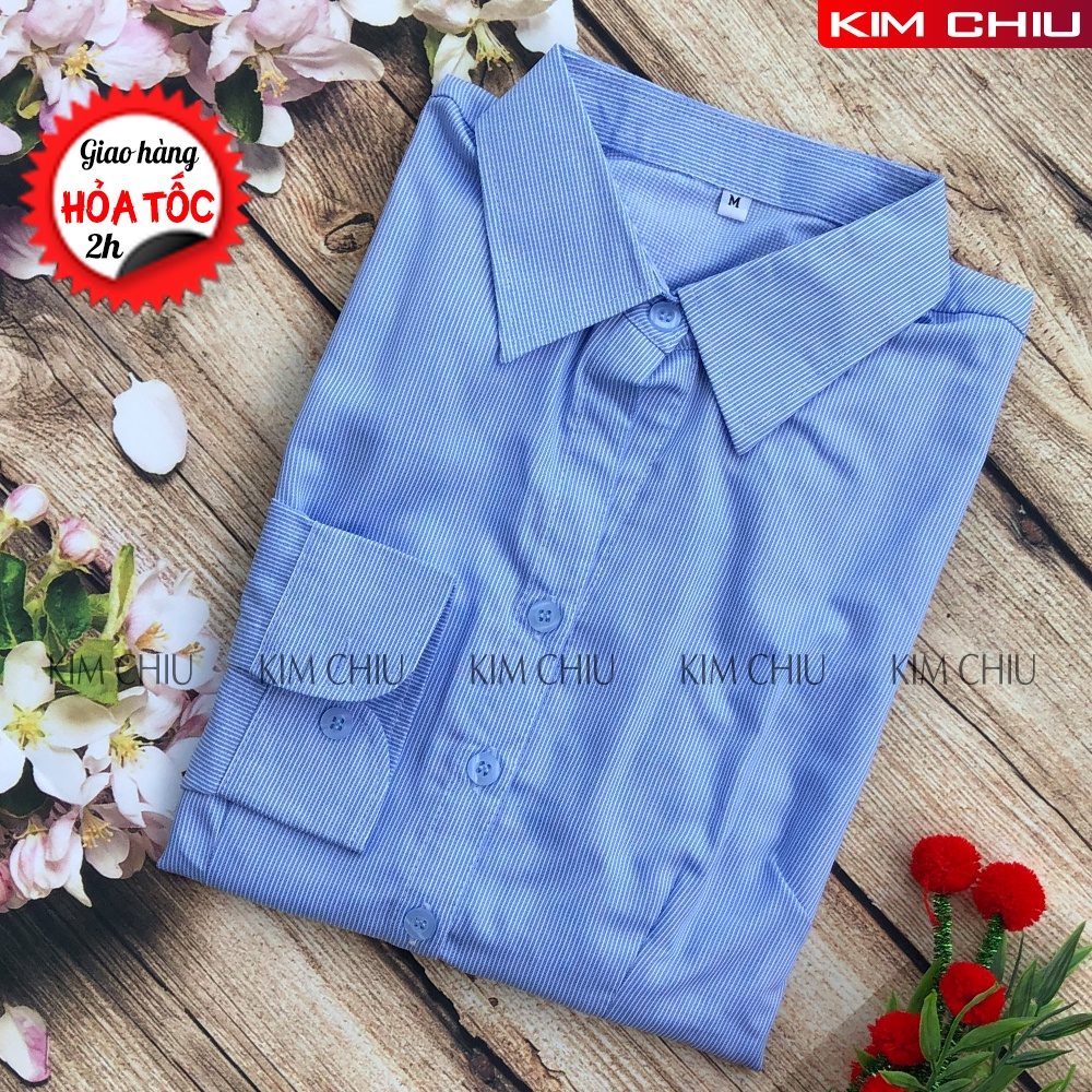 Áo Sơ Mi Nữ Công Sở KIM CHIU Sọc Kẻ, Màu Xanh Tay Dài Vải Kate Mỹ Đẹp, Ít Nhăn, Giãn Nhẹ, HÀNG CHẤT LƯỢNG CAO. SMTD06