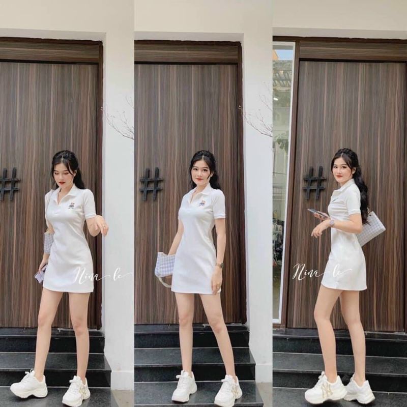 Đầm thun polo thêu gấu basic trắng - đen - Đ01