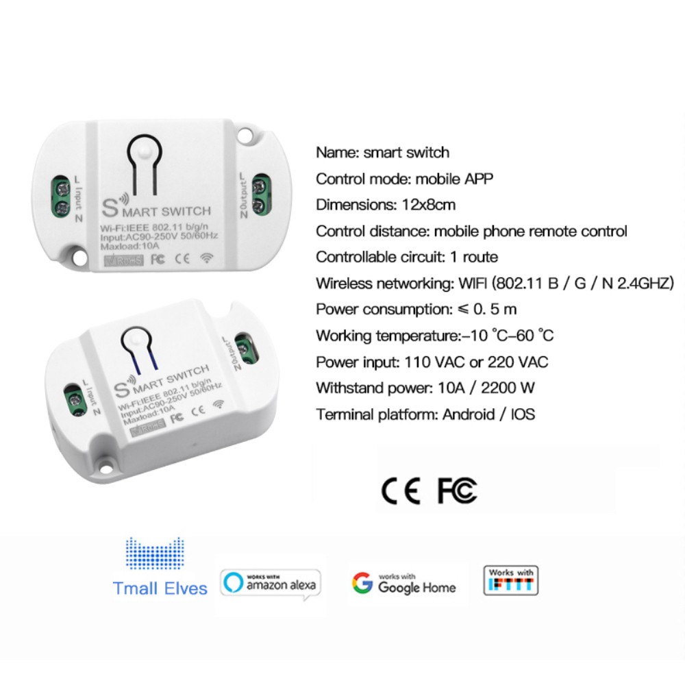 Công tắc thông minh kết nối Wifi không dây 10A/220W có chế độ hẹn giờ thông dụng tương thích với Alexa/ Google