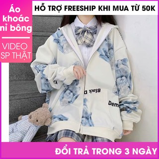 Áo khoác nỉ hoodie nam nữ unisex gấu bông xanh trắng