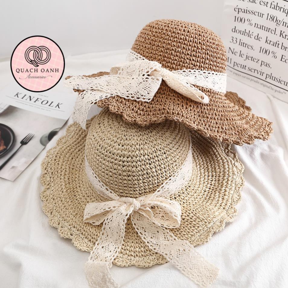Mũ cói mềm, nón cói đi biển nhỏ mẹ và bé vành rộng phối nơ ren phong cách vintage chống nắng – MU39