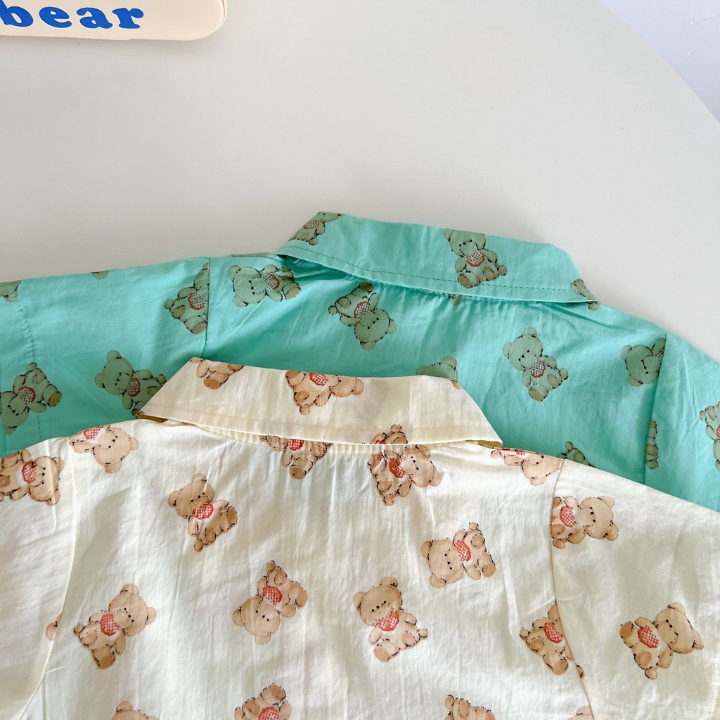 Áo Liền Quần Ngắn Tay Có Túi In Hình Gấu Dễ Thương Cho Bé Trai